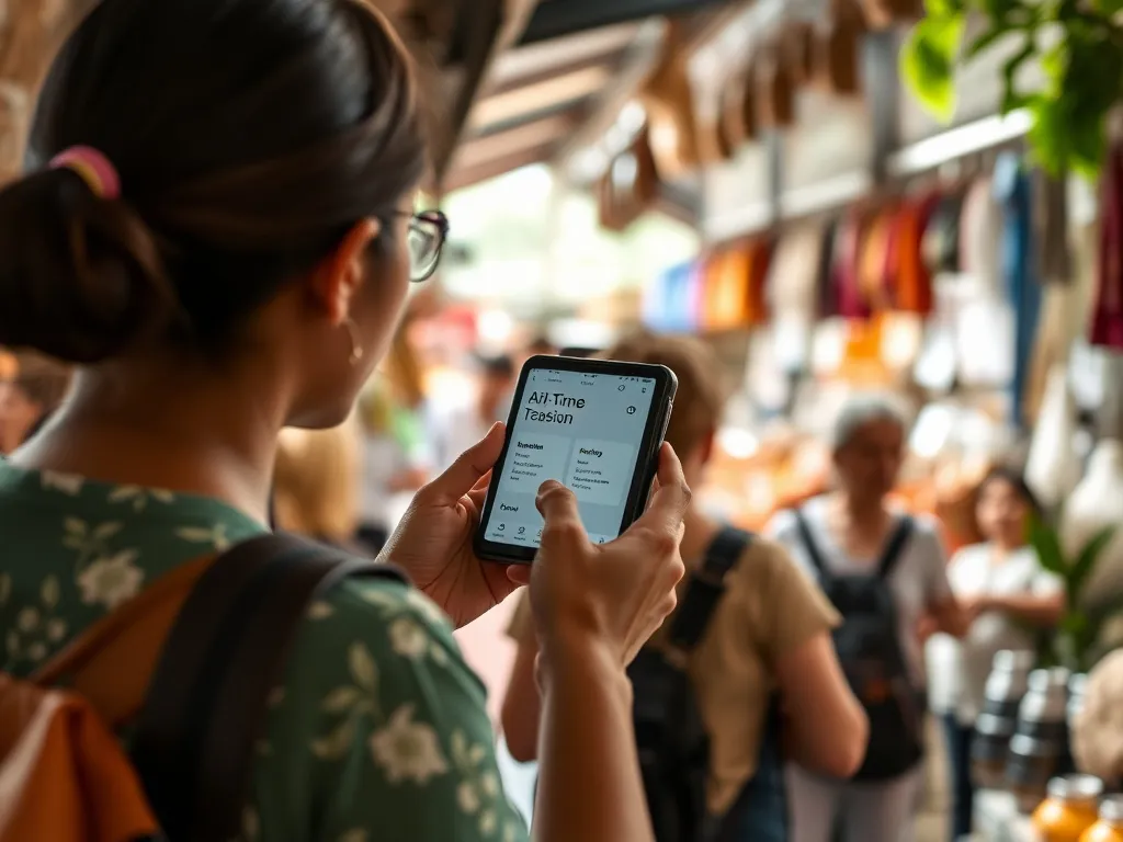 Interactive AI application on a mobile device, displaying features like real-time translation and cultural insights, used by tourists in a Balinese marketplace, natural lighting, educational interaction Interactive AI application on a mobile device, displaying features like real-time translation and cultural insights, used by tourists in a Balinese marketplace, natural lighting, educational interaction