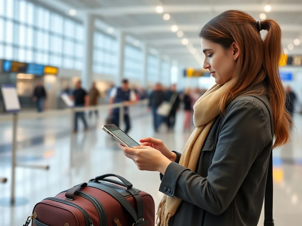 Traveler using a smartphone or tablet, filling out electronic forms at the airport, modern setting, professional photography style