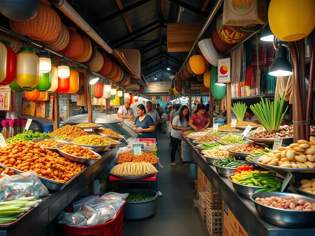 Vibrant Bali street food market, various local dishes displayed, lively and colorful environment, photorealistic, high quality