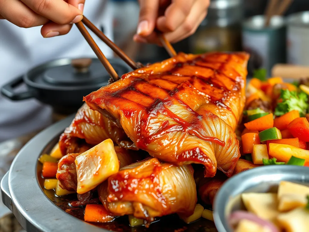 A detailed close-up of a traditional Balinese dish like babi guling being prepared with crispy skin and colorful vegetable sides, professional lighting, in a rustic kitchen setting