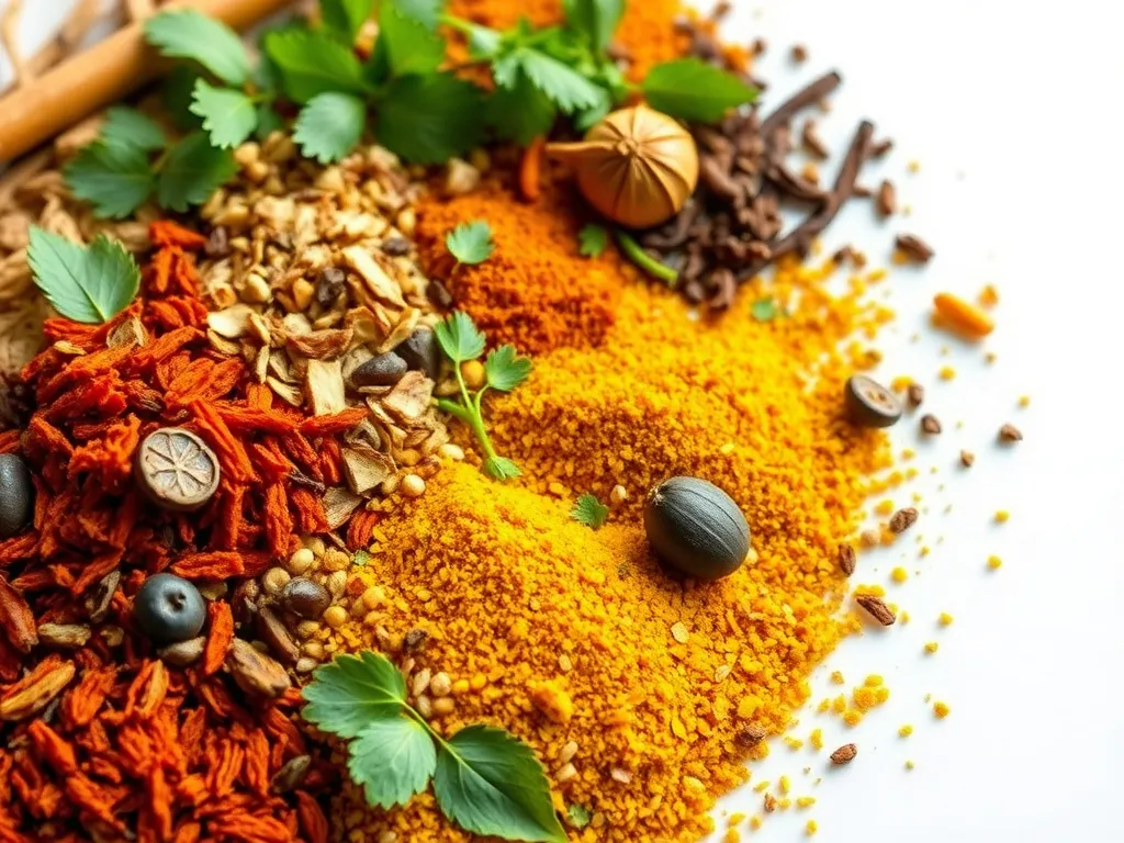 Photorealistic image of colorful and fragrant spices used in Balinese cooking, neatly arranged with fresh herbs, detailed close-up, vibrant colors, high-quality lighting
