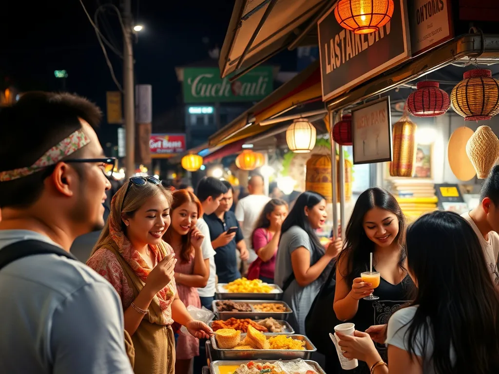 High-quality image of a Balinese street food tour with tourists sampling local treats at night, vibrant lights, bustling atmosphere in a market, vendors preparing food, cultural ambiance