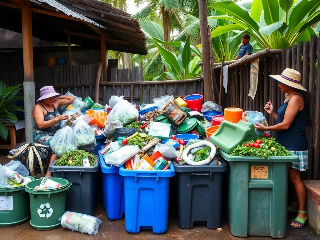 Community waste sorting center in a Balinese village, with locals separating recyclables, composting organics, and vibrant tropical setting, engaging, vivid colors Community waste sorting center in a Balinese village, with locals separating recyclables, composting organics, and vibrant tropical setting, engaging, vivid colors