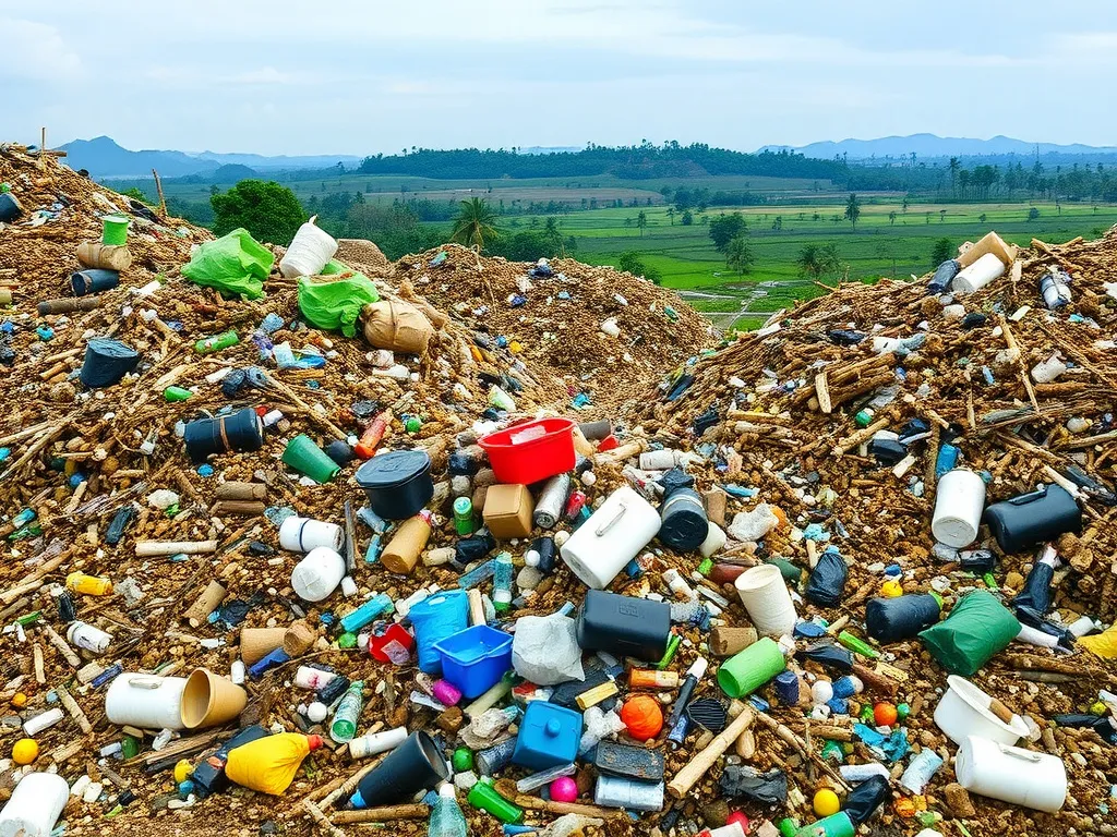 Overflowing landfill with piles of plastic waste and organic materials, set against a backdrop of Balinese landscape, detailed, high quality Overflowing landfill with piles of plastic waste and organic materials, set against a backdrop of Balinese landscape, detailed, high quality