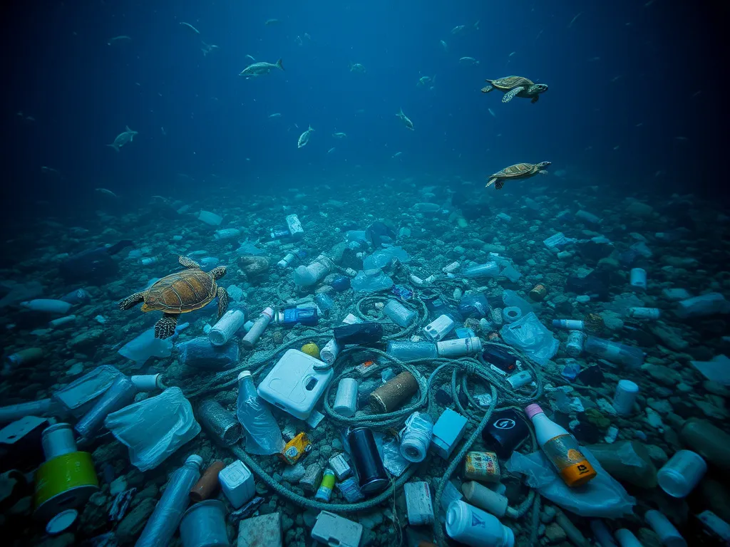 Plastics and trash in a marine setting, with turtles and fish swimming amongst debris, photographic realism, illustrating ocean pollution, dark and impactful Plastics and trash in a marine setting, with turtles and fish swimming amongst debris, photographic realism, illustrating ocean pollution, dark and impactful