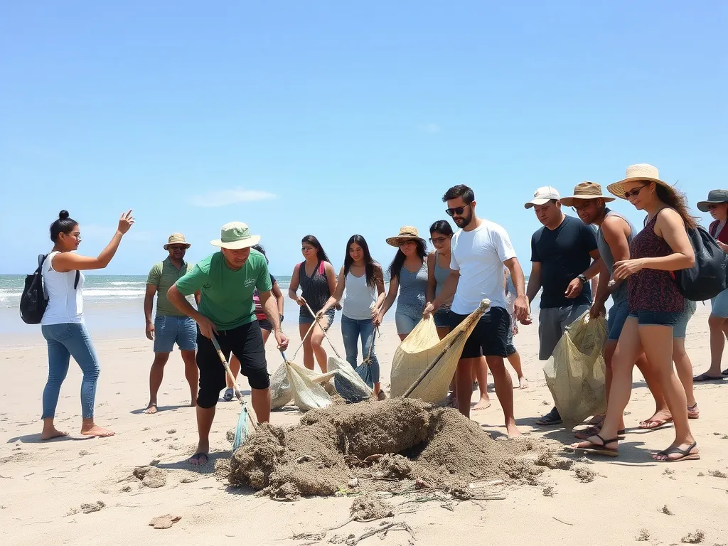 Image of tourists engaging in a beach cleanup in Bali, enthusiastic volunteers, clear skies, beautiful sandy beach setting, dynamic and inspiring Image of tourists engaging in a beach cleanup in Bali, enthusiastic volunteers, clear skies, beautiful sandy beach setting, dynamic and inspiring