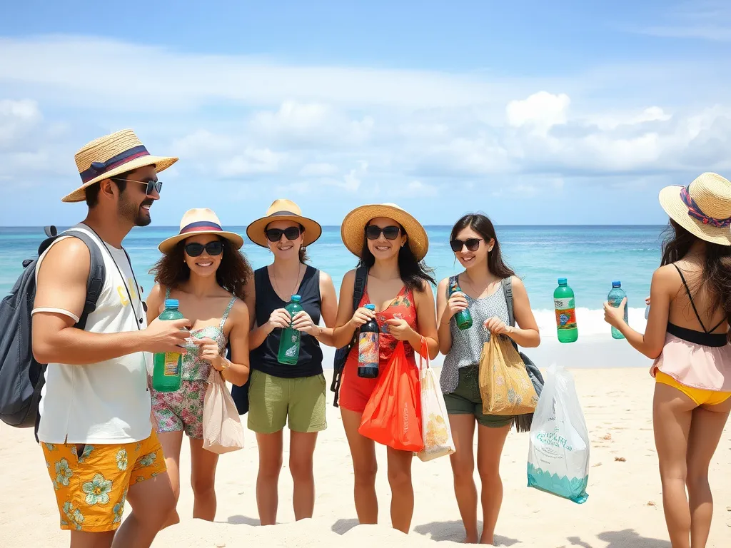 Tourists using reusable bottles, refusing plastic bags, and opting for sustainable practices on a scenic Balinese beach, harmonious, bright colors, positive atmosphere Tourists using reusable bottles, refusing plastic bags, and opting for sustainable practices on a scenic Balinese beach, harmonious, bright colors, positive atmosphere
