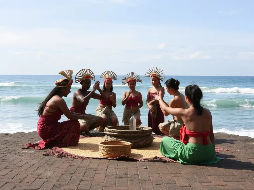 Balinese ritual workshop by the sea, small group engaging in cultural practices, eco-friendly setting, professional photography style