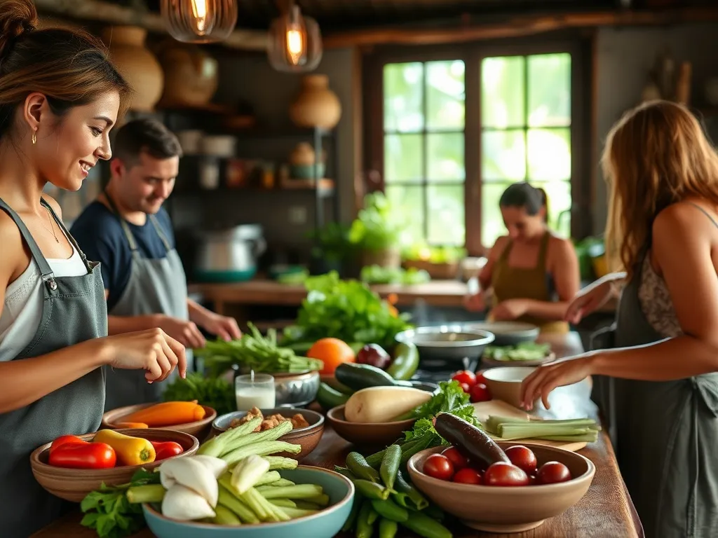 Intimate setting for vegan cooking class using fresh produce, rustic kitchen ambiance, natural lighting, Balinese culinary experience
