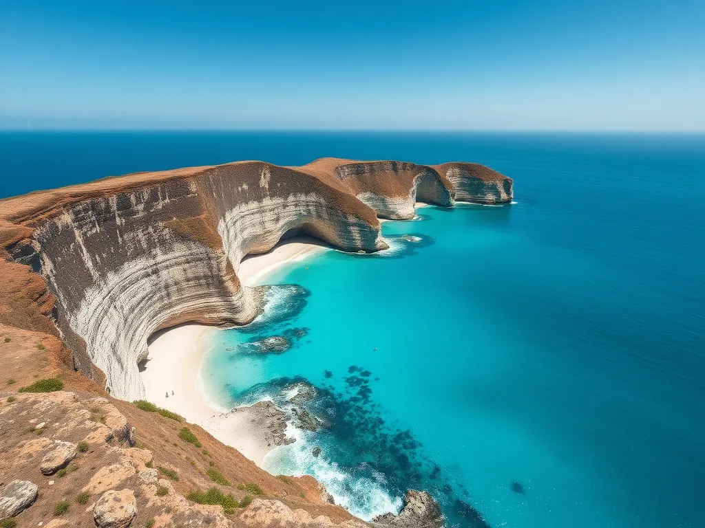Overhead view of Nusa Penida's cliffs and turquoise water, photorealistic, dramatic landscape, clear blue skies