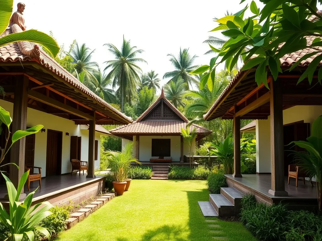 Restored Javanese houses in lush garden with open-air yoga spaces, tranquil Bali environment, bright day, cultural ambiance