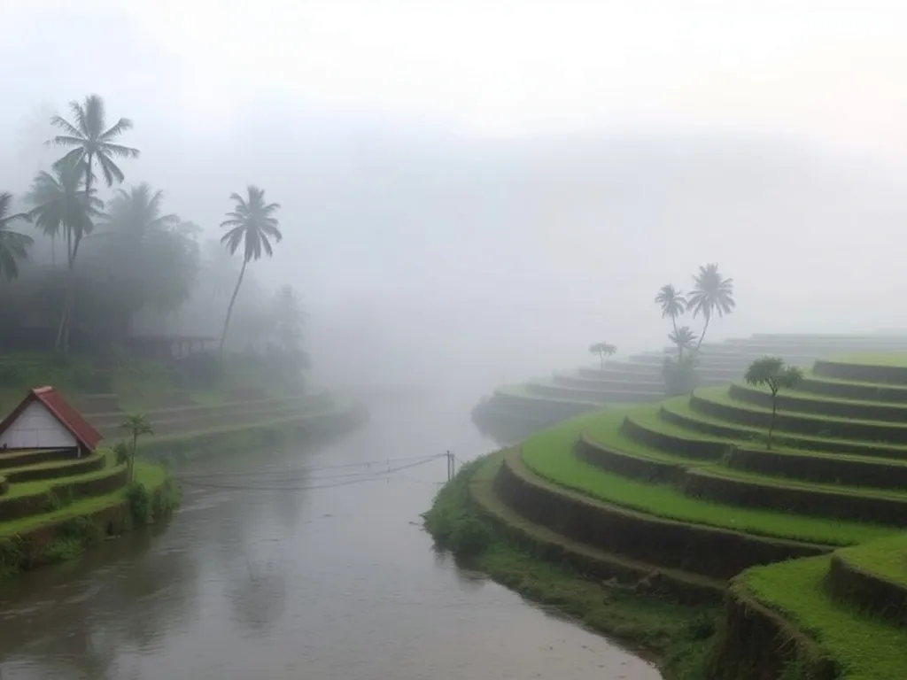 Serene misty morning at Anandinii River Lodge with river and rice terraces, photorealistic, soft lighting, peaceful scene