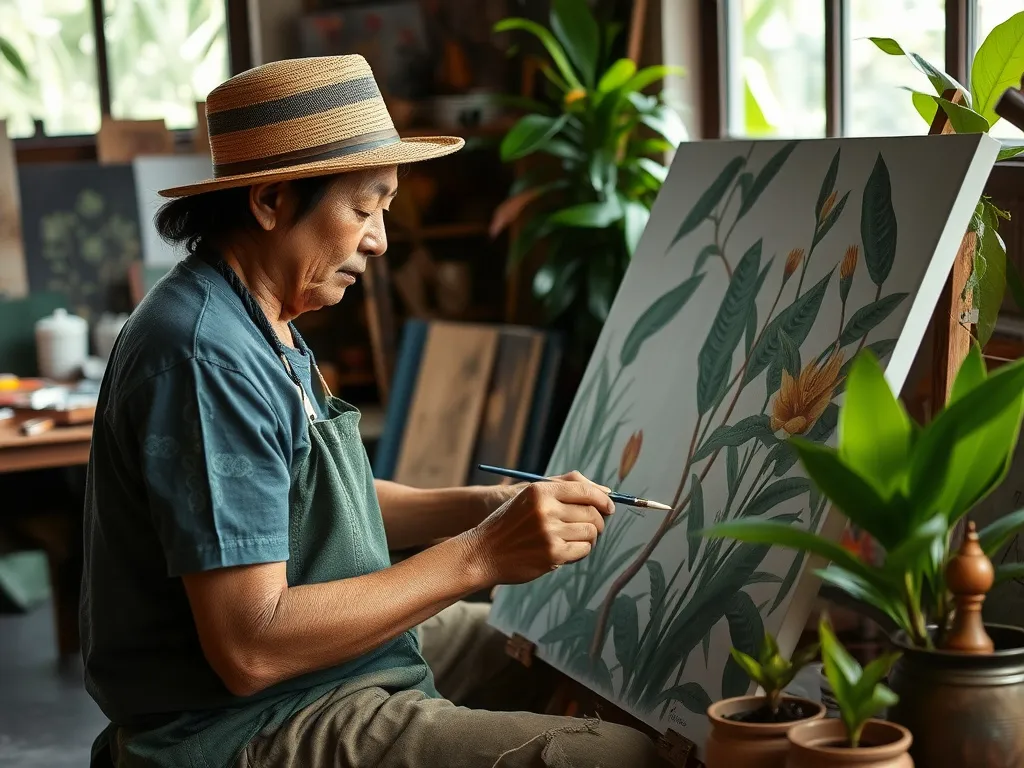 An artist in Pengosekan, Bali engrossed in creating a detailed nature-inspired painting, surrounded by art supplies and lush botanical elements, traditional Balinese studio setting, high quality, natural lighting