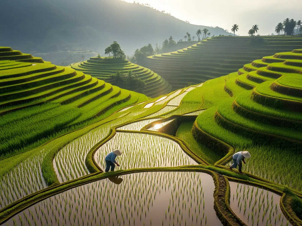Peaceful morning at Banjar Mancingan rice terraces with farmers working, soft lighting illuminating the tranquil and dew-laden landscape, photorealistic, detailed, serene atmosphere