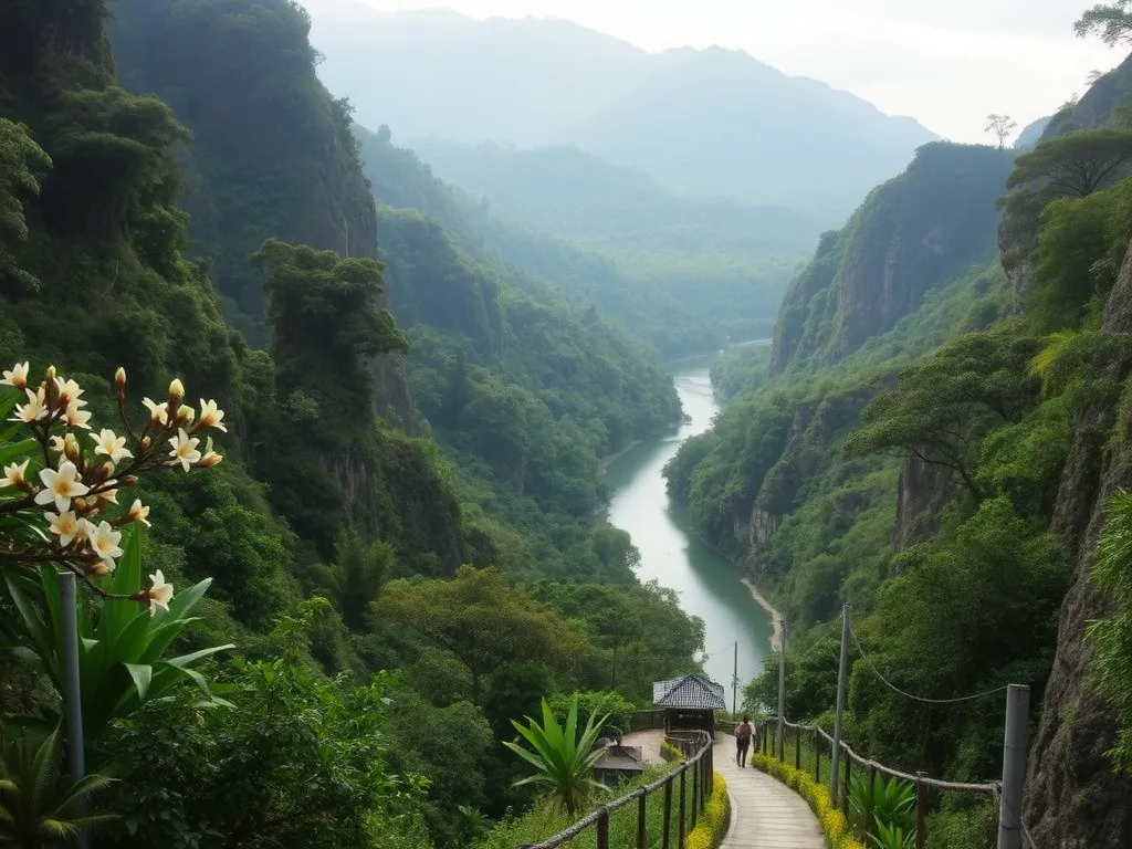 A scenic view of Kedewatan along the Ayung River gorge with lush jungle landscape, frangipani-lined path, and a tranquil aura, capturing the serene and unhurried atmosphere