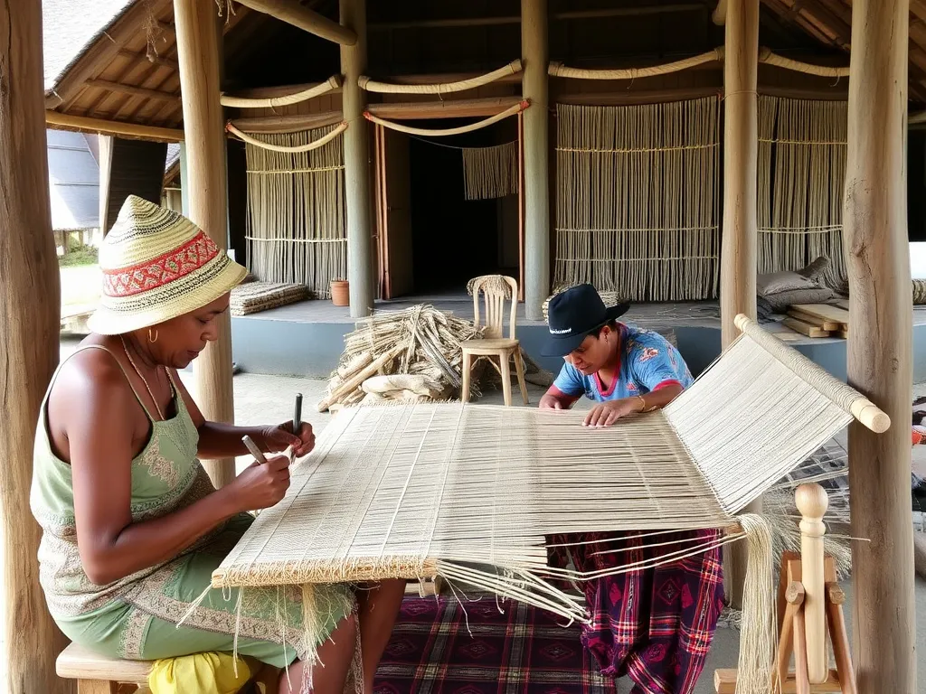 A traditional weaving demonstration in Tenganan village, showcasing artisans crafting intricate geringsing textiles, traditional Balinese architectural backdrop, cultural heritage, detailed