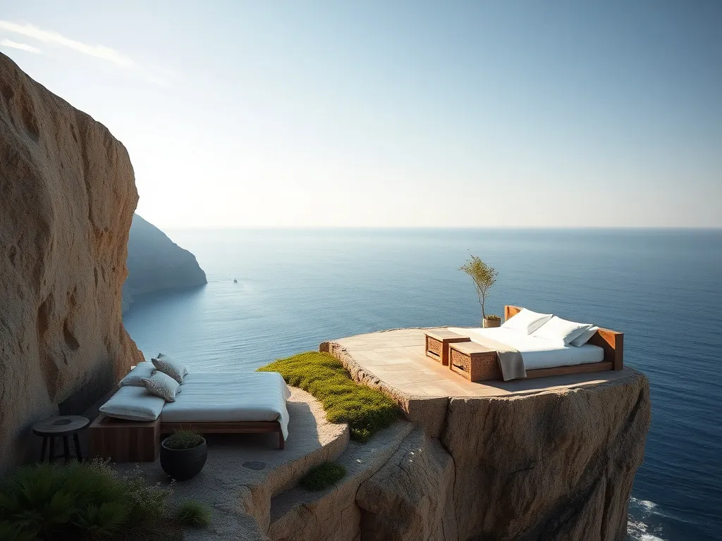 Eco-friendly luxury suites on a cliffside with ocean views, sustainable materials, blending natural beauty with minimalistic design, high quality