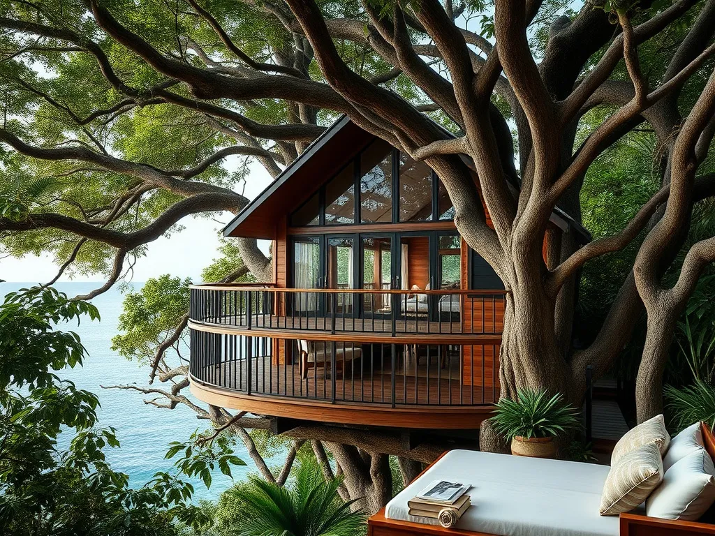 Luxurious treehouse suite surrounded by tropical greenery, private balcony with sea view, photorealistic, high quality, inviting and tranquil atmosphere