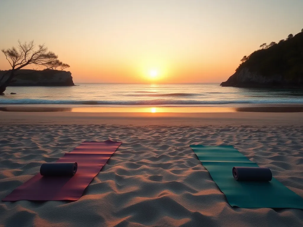 Peaceful meditation setup on a beach at sunrise, yoga mats, natural surroundings, calm ocean, atmospheric lighting