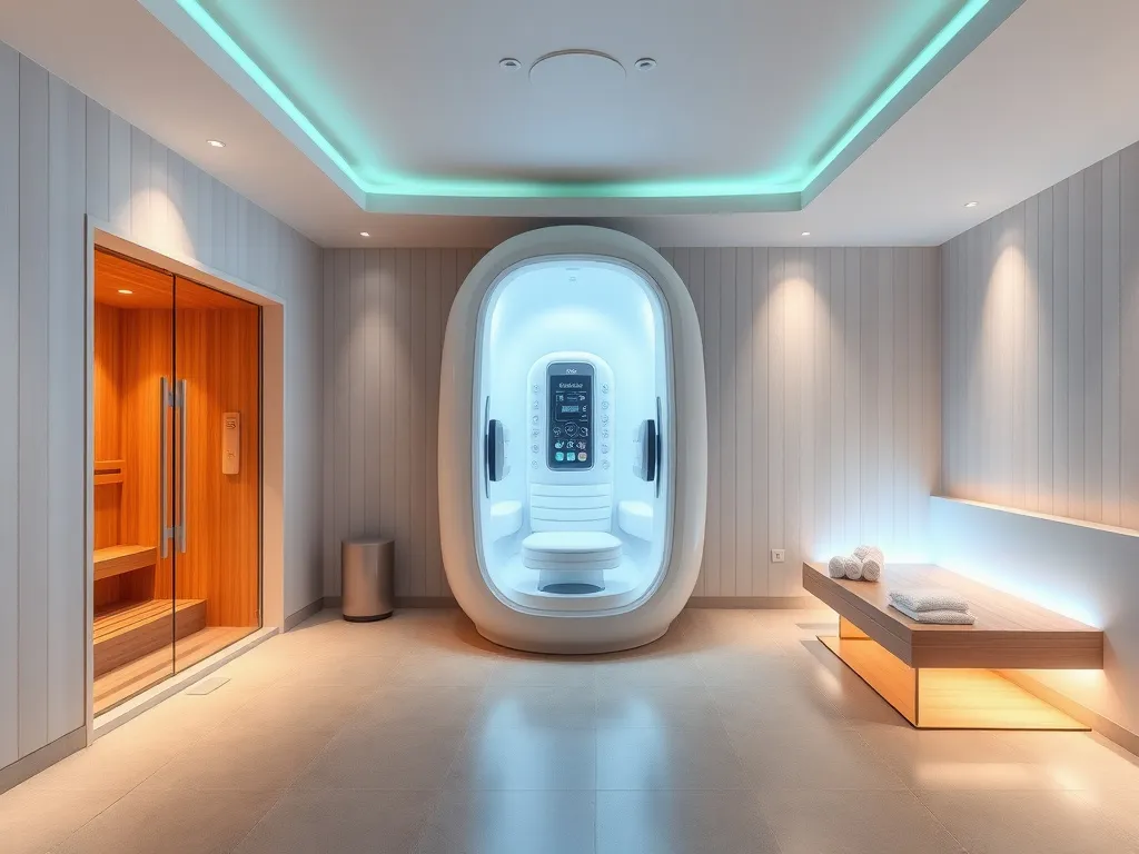 Modern spa with hyperbaric oxygen pod and infrared sauna, clean and sophisticated interior, professional lighting, showing advanced wellness technology