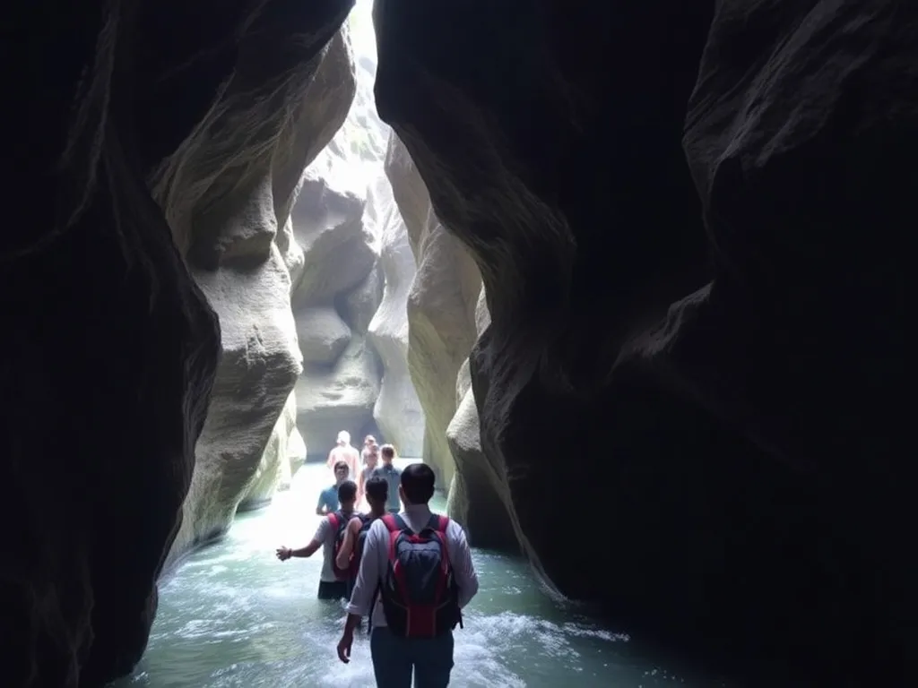 Adventure scene in Bali's Beji Guwang Canyon, with travelers navigating narrow and water-filled passages, professional lighting