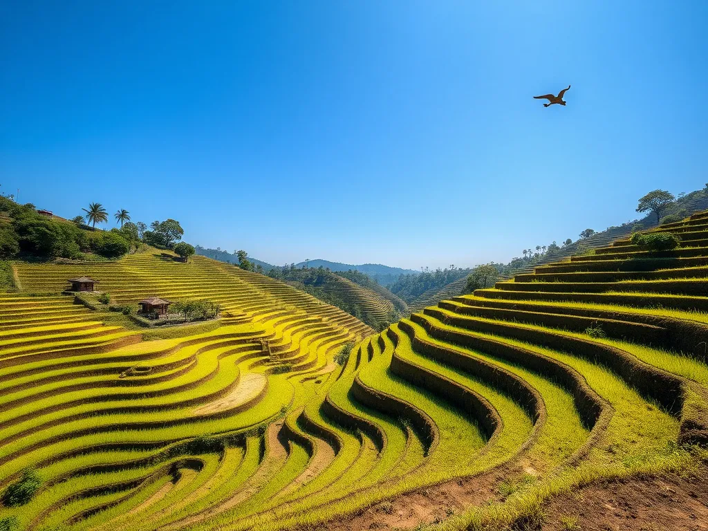 Photorealistic image of Bali's terraced rice paddies with traditional Balinese farmers cultivating the fields, clear blue sky, high quality