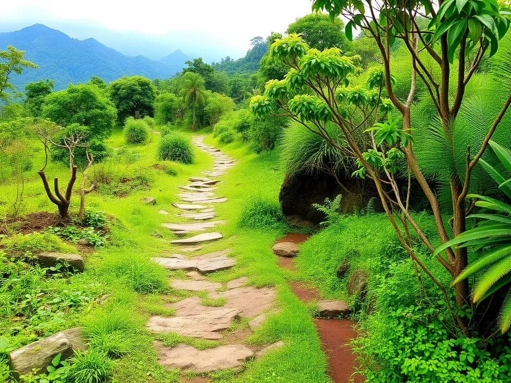 Beautiful highland hiking path around Munduk and Mount Batukaru featuring lush greenery and tranquil footpaths