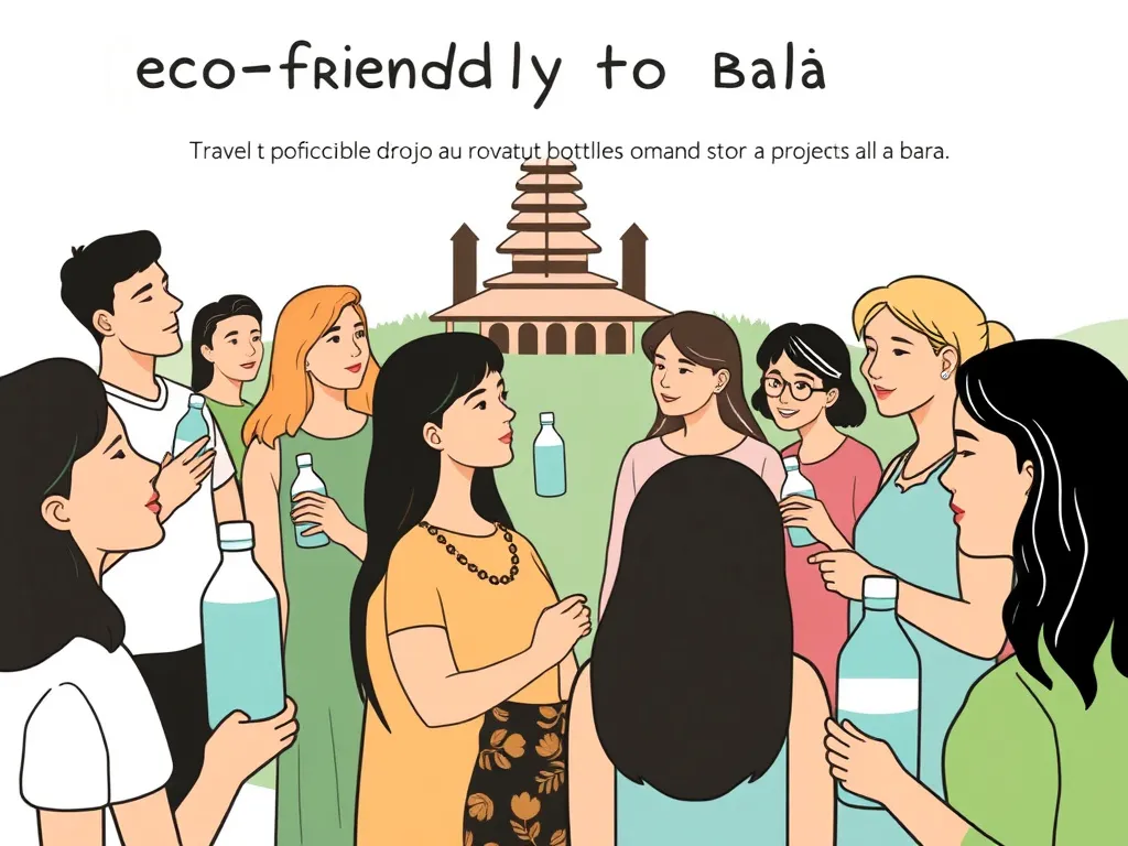 Illustration of eco-friendly travel practices in Bali, like using reusable bottles and engaging in community projects, diverse group of people, minimalist design