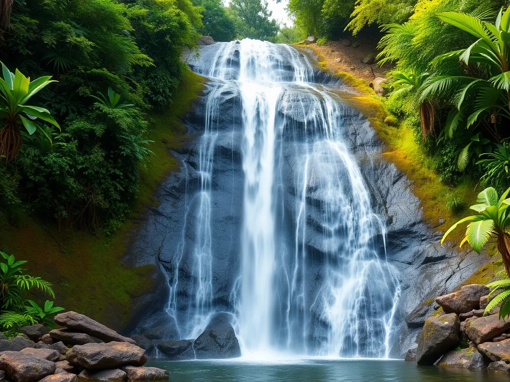 Photorealistic image of Sekumpul Waterfall in Bali, cascading water amidst lush green surroundings