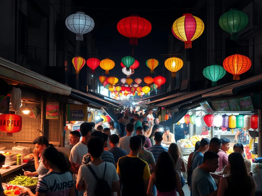 Bustling night market in Bali with vibrant street food stalls, diverse crowd interactions, and colorful lanterns, lively night setting