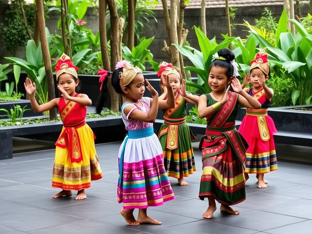 Children learning Balinese dance at Ubud's Laka Leke Garden, wearing colorful traditional costumes, expressive movements, and detailed performances, photorealistic, cultural setting