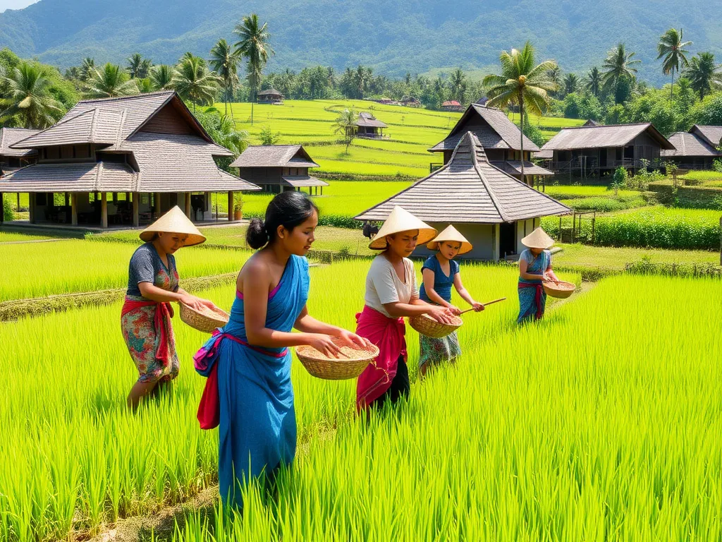 Families engaging in rice farming activities at Kertalangu Cultural Village, surrounded by lush rice fields and traditional Balinese structures, sunny day, high quality