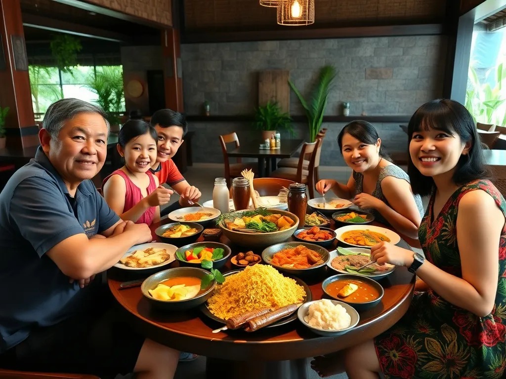 Family enjoying a Balinese feast with an array of traditional dishes like nasi goreng and satay, vibrant colors, cozy restaurant atmosphere