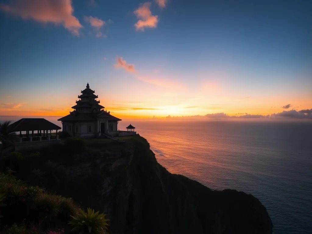 A picturesque view of Uluwatu Temple with sunset hues, located on high cliffs with the ocean in the background, vibrant colors, dramatic landscape, high quality