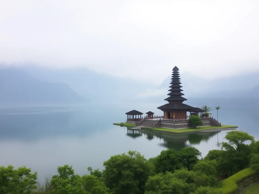 Scenic view of Pura Ulun Danu Bratan temple surrounded by lake and mountains, misty atmosphere, high quality, peaceful and serene setting