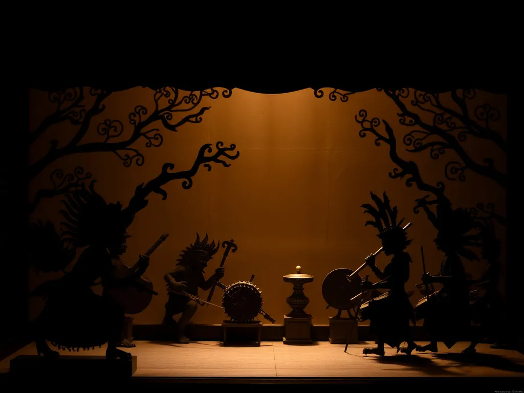 Wayang Kulit Shadow Puppet Theatre, featuring intricate puppets and a dramatic gamelan orchestra, shadow play, ambient lighting