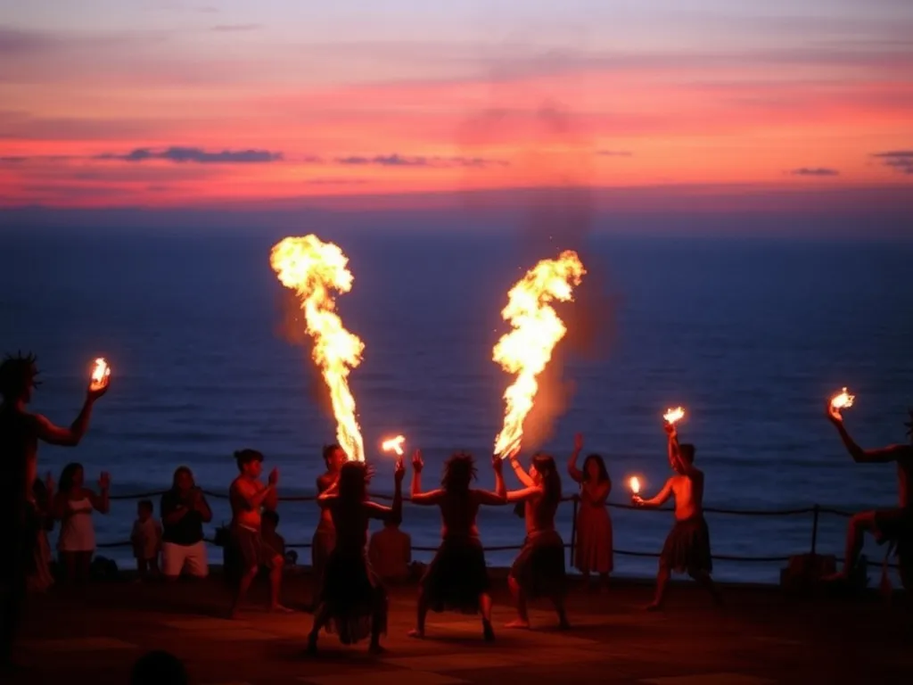 Kecak Dance performance at Uluwatu Temple, dusk scene, traditional dancers, fire elements, ocean backdrop, captivating, cultural richness