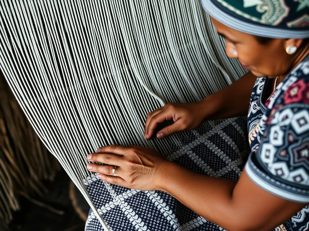 Local artisan weaving gringsing textile in Tenganan Village, close-up on intricate patterns, double ikat technique, cultural craftsmanship