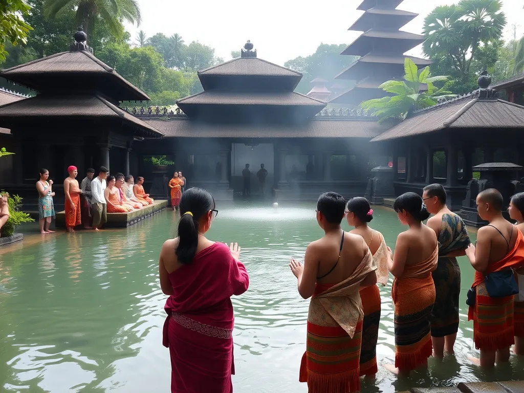Purification ritual at Tirta Empul Temple with visitors in sarongs undergoing cleansing, tranquil environment, sacred spring, spiritual connection