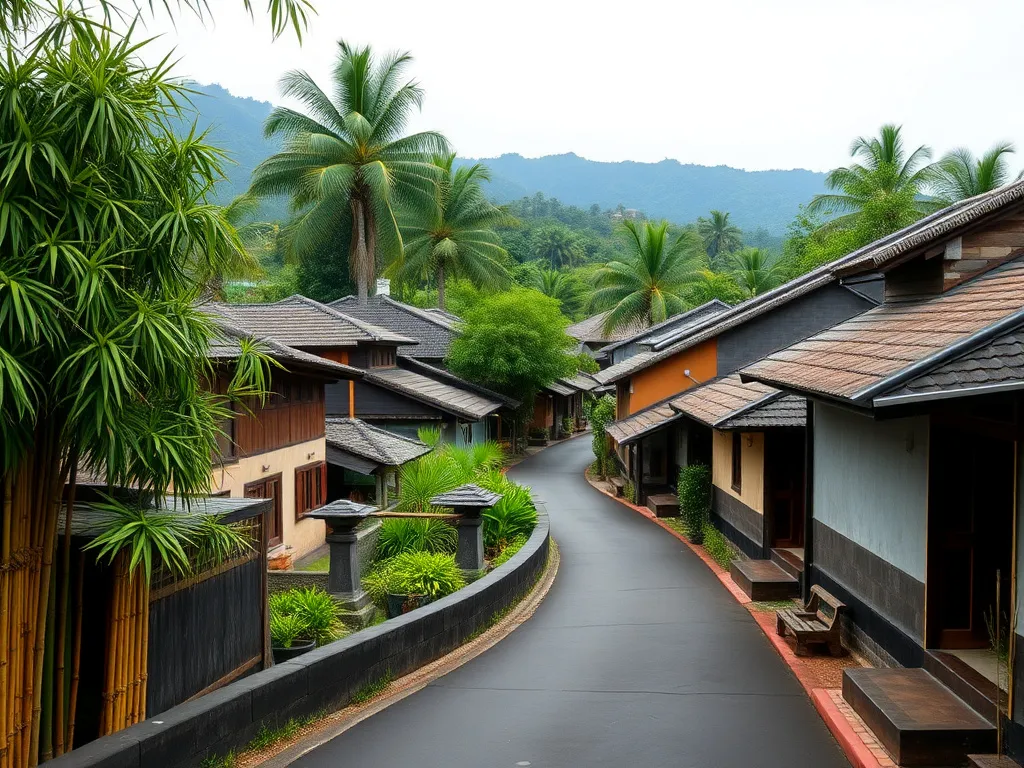 Scenic view of Penglipuran Village, with bamboo-lined streets, traditional Balinese architecture, and immaculate lanes, photogenic, cultural authenticity