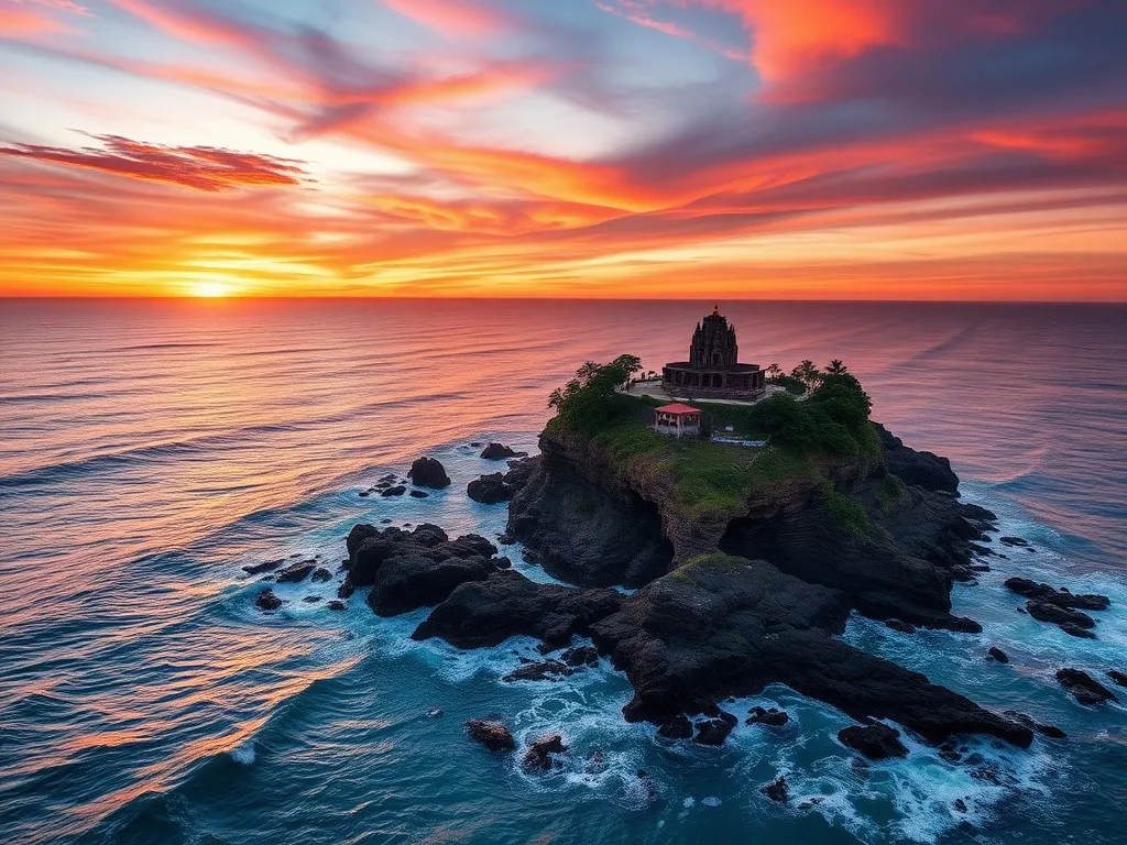 View of Tanah Lot Temple on a rocky outcrop surrounded by ocean waves, stunning sunset backdrop, vibrant colors, high quality, serene ambiance
