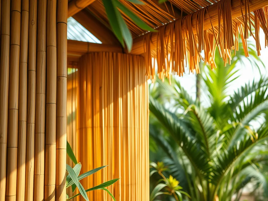 High quality close-up of bamboo architecture and energy-efficient eco-friendly design elements, detailed texture of materials, ambient lighting, with tropical vegetation in the background High quality close-up of bamboo architecture and energy-efficient eco-friendly design elements, detailed texture of materials, ambient lighting, with tropical vegetation in the background