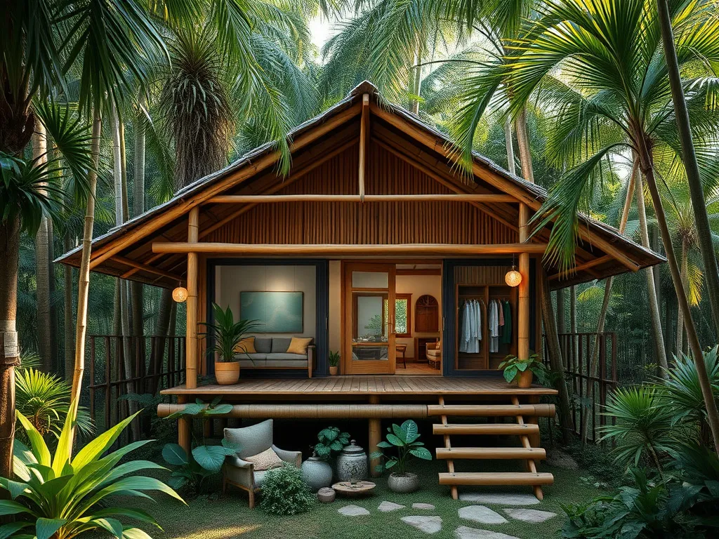 Photorealistic depiction of a bamboo bungalow with natural materials and design, surrounded by tropical jungle, sustainable living features visible, professional lighting, detailed and inviting Photorealistic depiction of a bamboo bungalow with natural materials and design, surrounded by tropical jungle, sustainable living features visible, professional lighting, detailed and inviting