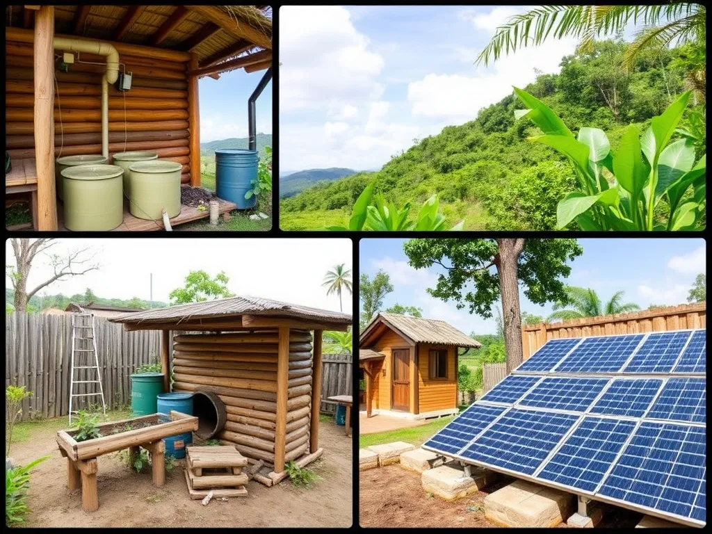 Images of environmentally friendly practices in an eco-resort, such as rainwater collection systems, composting, and solar panels, clear and detailed depiction, professional photography Images of environmentally friendly practices in an eco-resort, such as rainwater collection systems, composting, and solar panels, clear and detailed depiction, professional photography