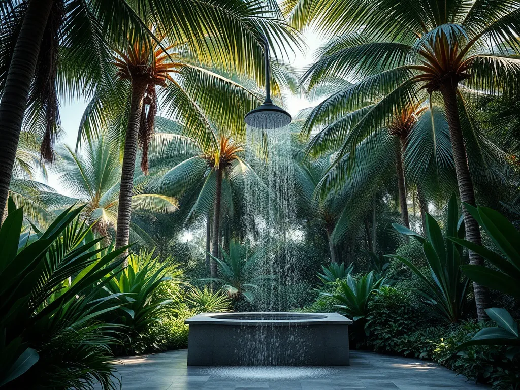 Photorealistic image of a relaxing open-air shower surrounded by lush palm trees and tropical vegetation, high quality, natural and calming atmosphere, professional photography Photorealistic image of a relaxing open-air shower surrounded by lush palm trees and tropical vegetation, high quality, natural and calming atmosphere, professional photography