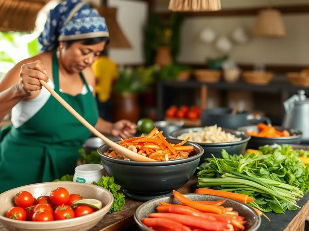 Detailed image of a traditional Balinese cooking class with fresh local produce, vibrant colors, cultural and authentic setting, photorealistic, high quality, professional lighting Detailed image of a traditional Balinese cooking class with fresh local produce, vibrant colors, cultural and authentic setting, photorealistic, high quality, professional lighting