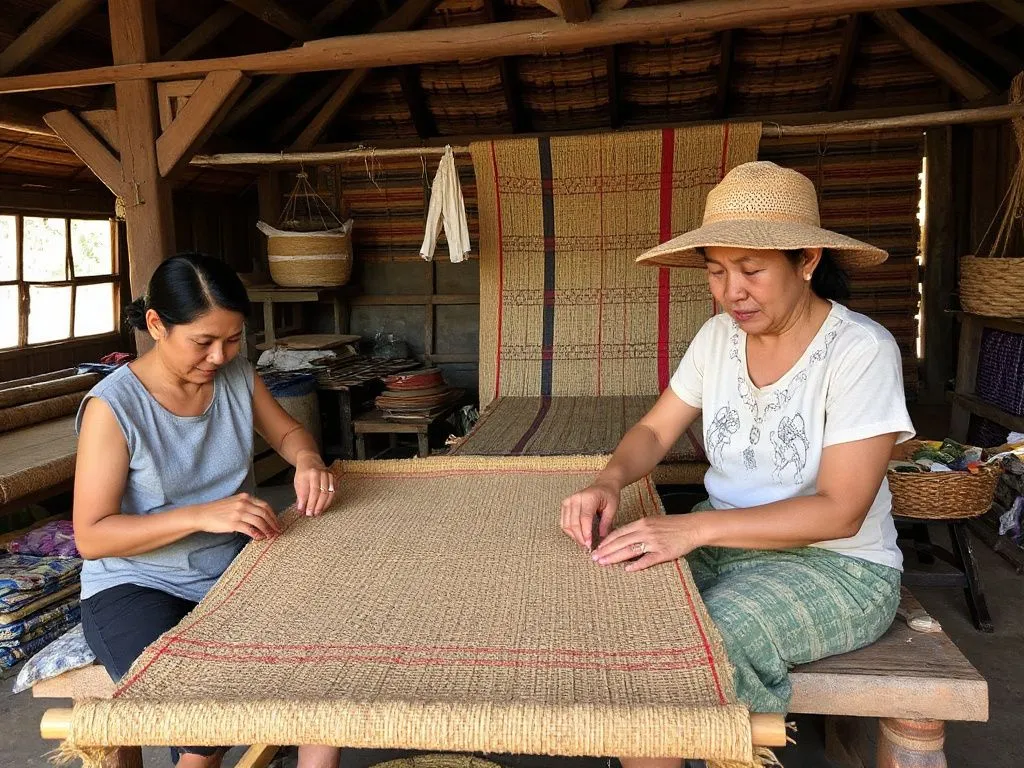 Depiction of local artisans crafting traditional Balinese textiles at a Klungkung Regency workshop, detailed craftsmanship, rich cultural atmosphere