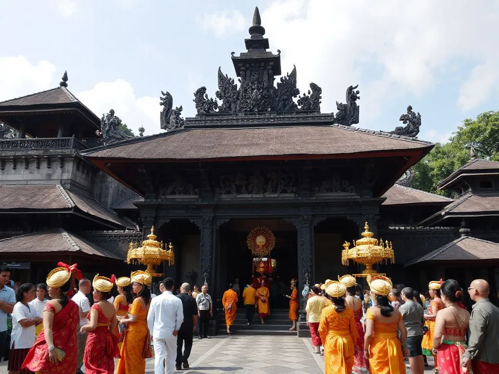 High-quality photo of a cultural event at Tirta Empul Temple, depicting traditional Balinese architecture, people in ceremonial dress, vivid cultural capture