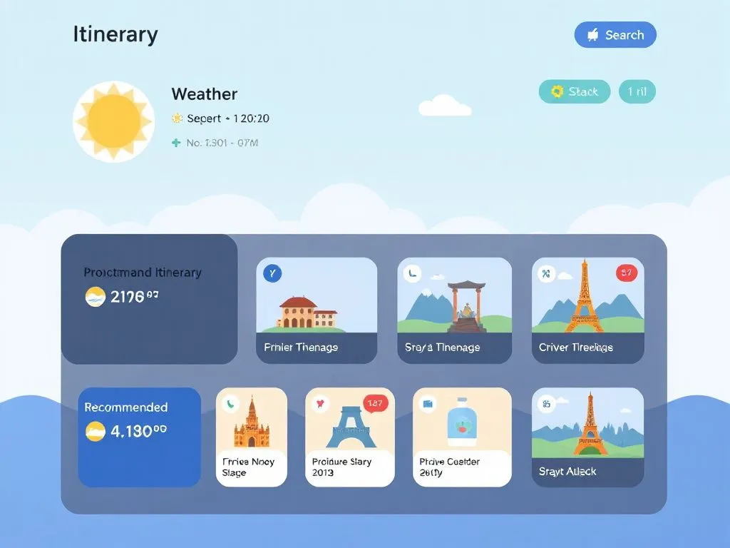 Illustration of a dynamic travel itinerary screen with icons representing weather changes, cultural events, and recommended activities, modern design, user-friendly interface