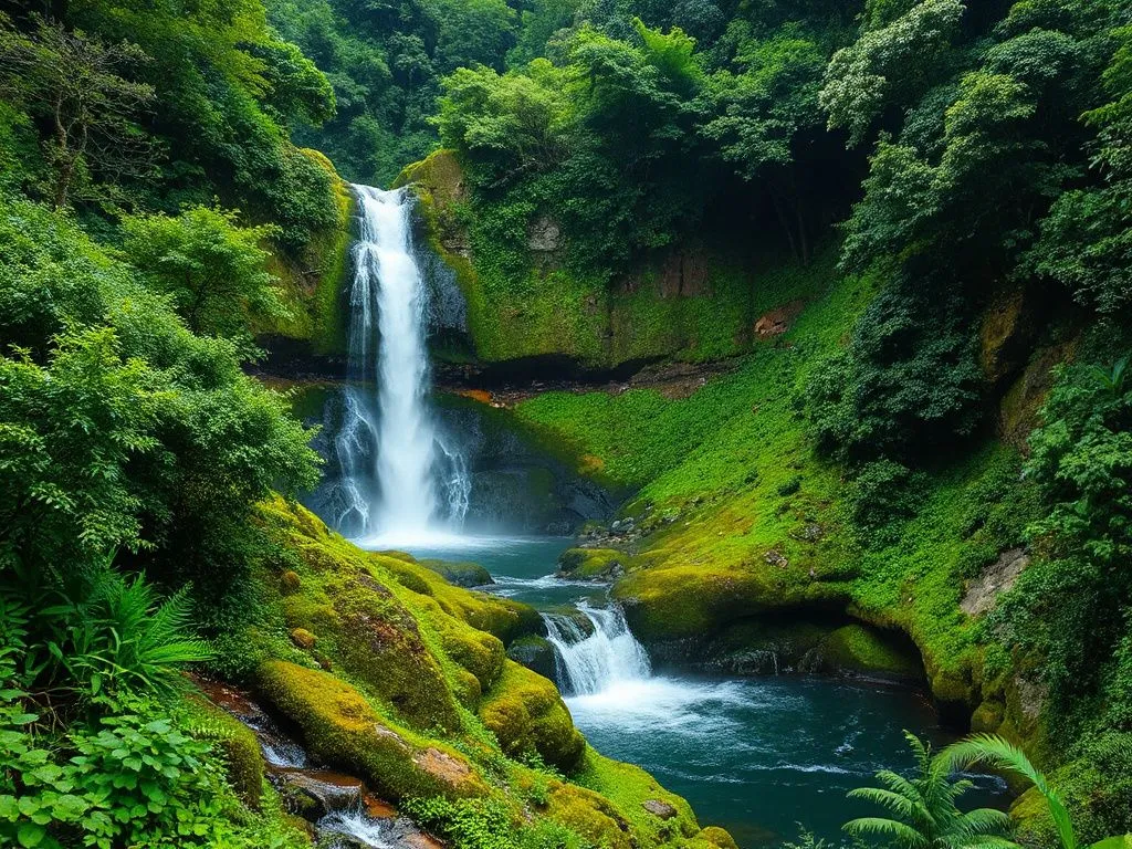 Scenic view of Sekumpul Waterfall in Northern Bali, lush vegetation, cascading water, untouched natural beauty, photorealistic, vibrant mood